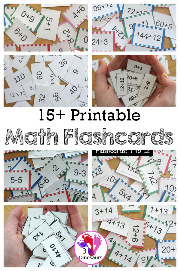 Printable Math Flashcards - with different math flashcards for addition, subtraction, multiplication. and division with different sizes and mix of types of flashcards - 3Dinosaurs.com