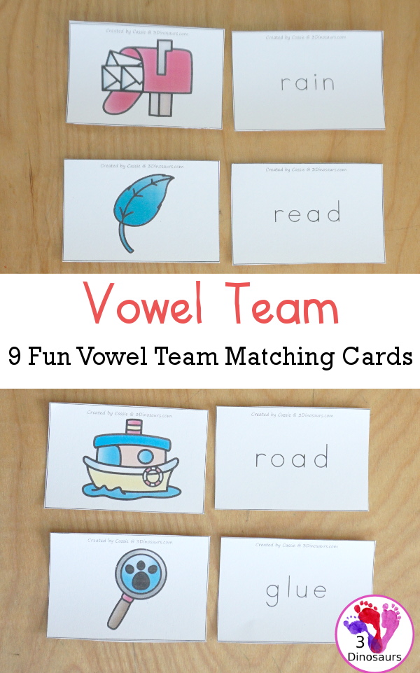 Free Vowel Team Matching Cards - You have two cards for each vowel team with a picture and then a matching word with the same vowel team as the card. This is a fun matching activity for older kids - 3Dinosaurs.com