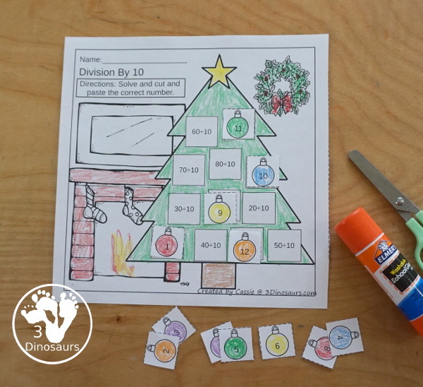 Christmas Multiplication & Division Cut & Paste and Matching with cut and paste worksheets for division and multiplication with numbers 1 to 12 and match puzzles and matching mats for division and multiplication - 3Dinosaurs.com