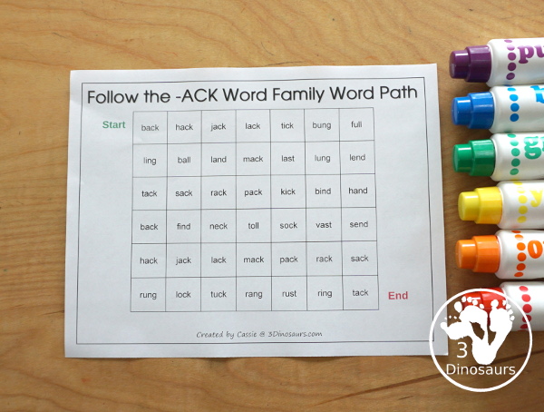 Free CVCC Word Family Word Path: ACK, ECK, ICK, OCK, UCK - you follow the word ending and read the CVCC words as you go through the word path. - 3Dinosaurs.com