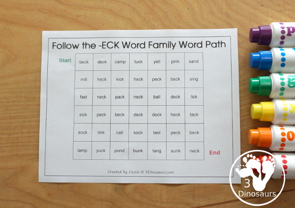 Free CVCC Word Family Word Path: ACK, ECK, ICK, OCK, UCK - you follow the word ending and read the CVCC words as you go through the word path. - 3Dinosaurs.com