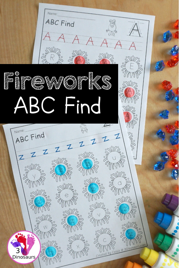 Fireworks ABC Letter Find Printable - with all 26 letters of the alphabet with tracing the letters and finding the letters on the fireworks. Works great for Fourth of July, new years or any celebration with fireworks - 3Dinosaurs.com