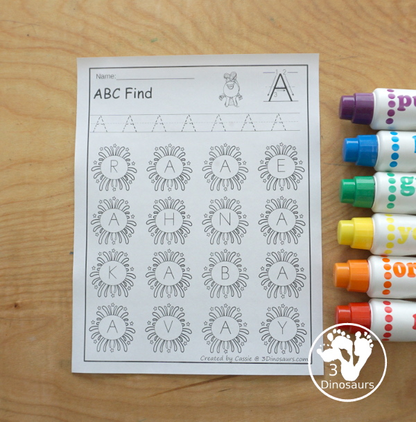 Fireworks ABC Letter Find Printable - with all 26 letters of the alphabet with tracing the letters and finding the letters on the fireworks. Works great for Fourth of July, new years or any celebration with fireworks - 3Dinosaurs.com