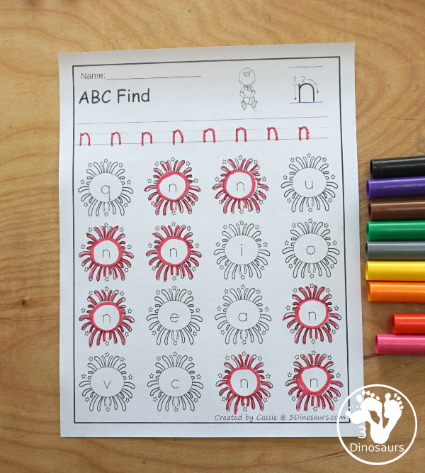 Fireworks ABC Letter Find Printable - with all 26 letters of the alphabet with tracing the letters and finding the letters on the fireworks. Works great for Fourth of July, new years or any celebration with fireworks - 3Dinosaurs.com