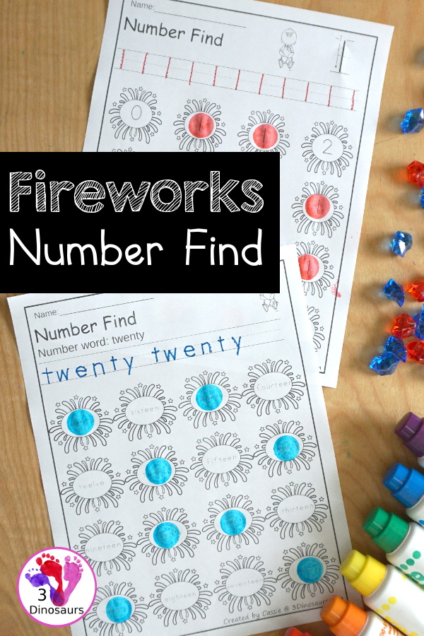 Fireworks Number Find Printable - with the numerical number and number word for kids to work on finding with numbers from 0 to 20. An easy no-prep number printable- 3Dinosaurs.com