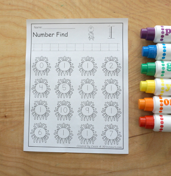 Fireworks Number Find Printable - with the numerical number and number word for kids to work on finding with numbers from 0 to 20. An easy no-prep number printable- 3Dinosaurs.com