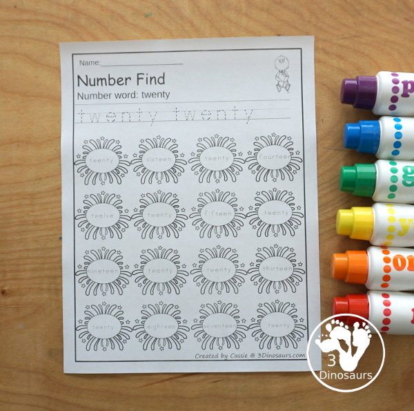 Fireworks Number Find Printable - with the numerical number and number word for kids to work on finding with numbers from 0 to 20. An easy no-prep number printable- 3Dinosaurs.com