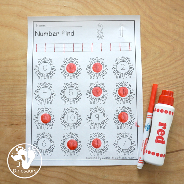 Fireworks Number Find Printable - with the numerical number and number word for kids to work on finding with numbers from 0 to 20. An easy no-prep number printable- 3Dinosaurs.com