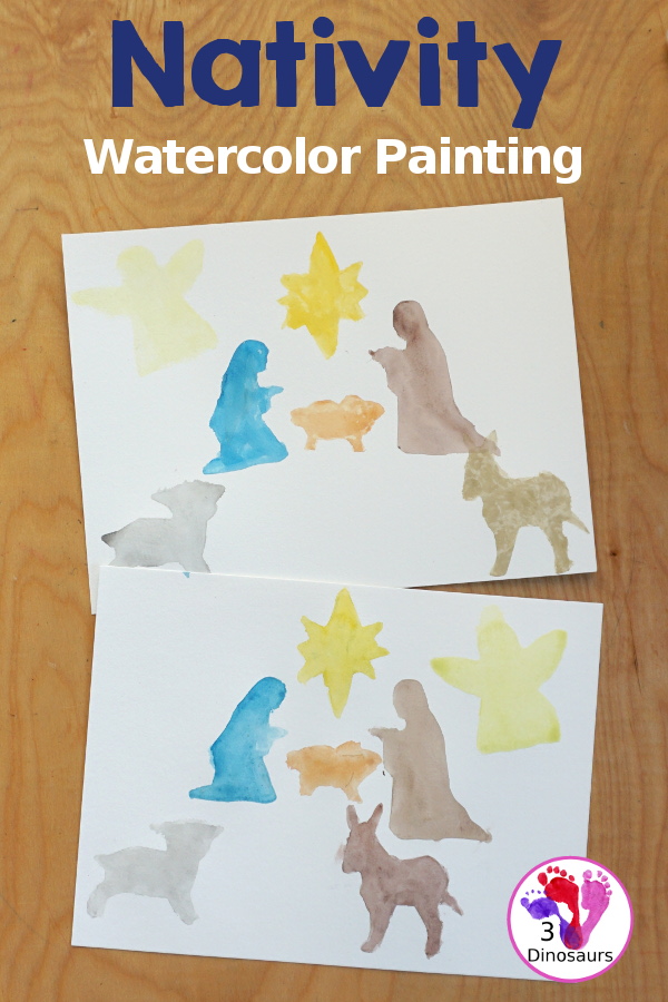 Nativity Watercolor Painting for kids - a simple way to make a Nativity scene with watercolors and cookies cutters. A great way to work on retelling the nativity story - 3Dinosaurs.com