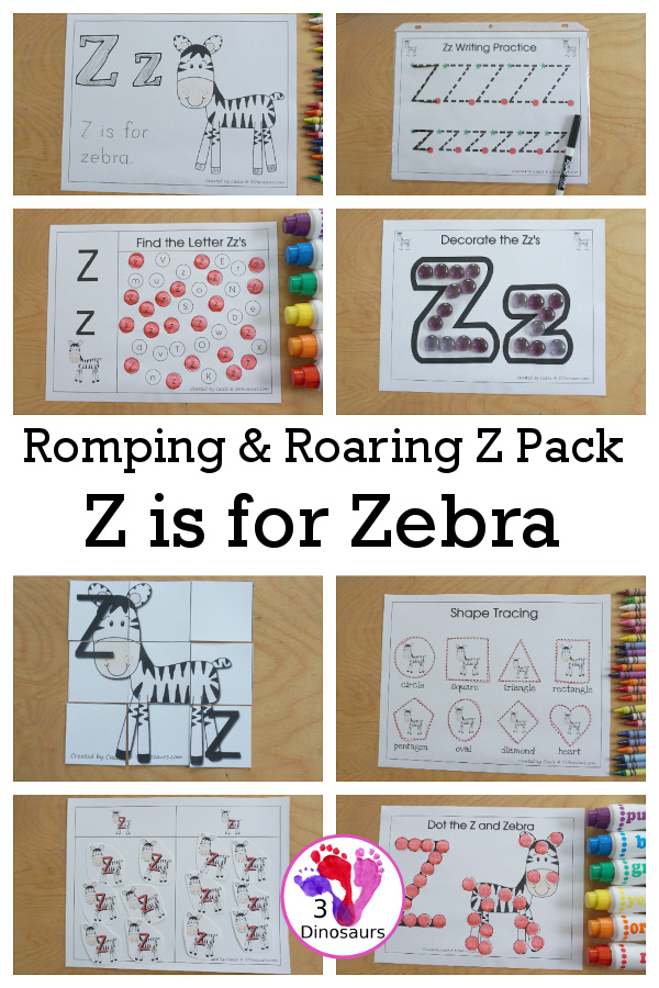 Free Romping & Roaring Z Pack Letter Pack: Z is for Zebra - a letter z pack that has prewriting, finding letters, tracing letters, coloring pages, shapes, puzzles and more - 3Dinosaurs.com