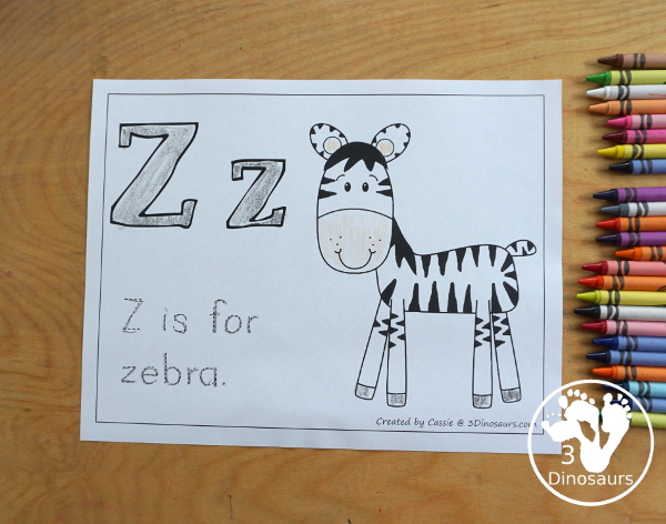 Free Romping & Roaring Z Pack Letter Pack: Z is for Zebra - a letter z pack that has prewriting, finding letters, tracing letters, coloring pages, shapes, puzzles and more - 3Dinosaurs.com