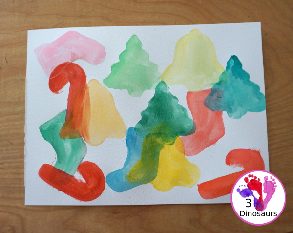 Christmas Watercolor Cookie Cutter Painting - easy Christmas watercolor painting with candy canes, bells, stockings and trees - 3Dinosaurs.com