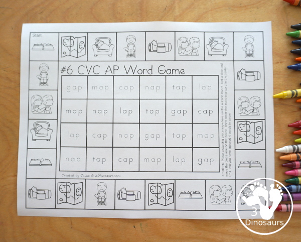 CVC Word Family Printable Games - with 24 board for kids to work on CVC short vowel words by word family. All the games are done by word ending - 3Dinosaurs.com