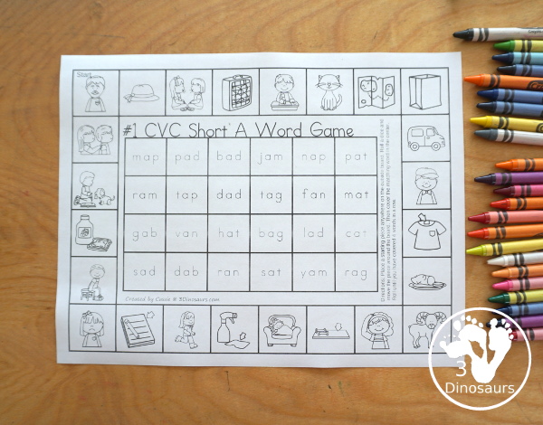 Free CVC Word Printable Games - 5 fun games with CVC short a words, CVC short e words, CVC short i words, CVC short o words, CVC sort u words with pictures outside and words to find in the middle. A great review for CVC words- 3Dinosaurs.com