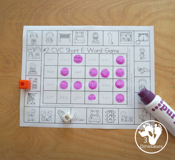 Free CVC Word Printable Games - 5 fun games with CVC short a words, CVC short e words, CVC short i words, CVC short o words, CVC sort u words with pictures outside and words to find in the middle. A great review for CVC words- 3Dinosaurs.com