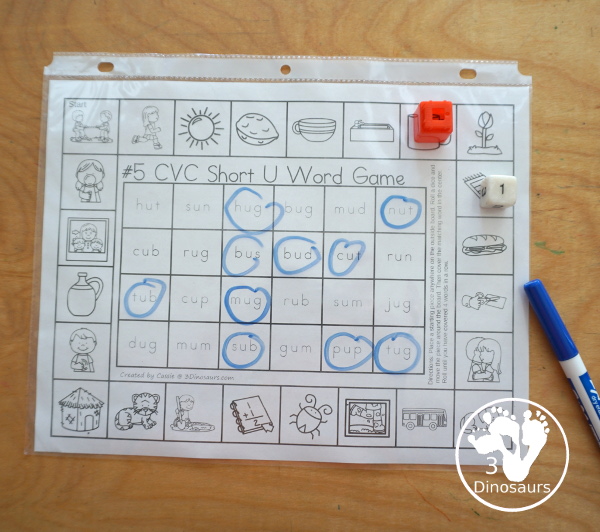 Free CVC Word Printable Games - 5 fun games with CVC short a words, CVC short e words, CVC short i words, CVC short o words, CVC sort u words with pictures outside and words to find in the middle. A great review for CVC words- 3Dinosaurs.com