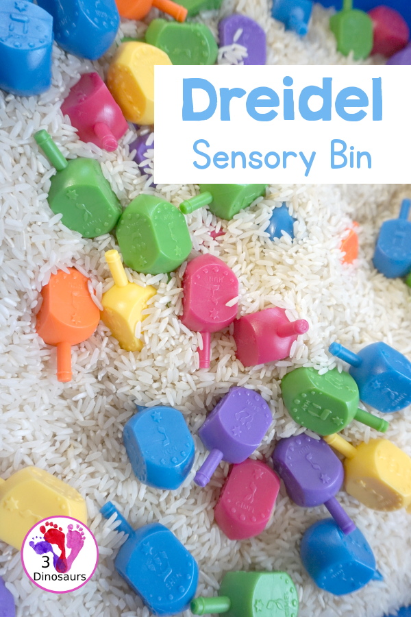 Dreidel Sensory Bin with Rice for Hanukkah - A simple Hanukkah sensory bin with dreidels and rice for the sensory bin - 3Dinosaurs.com