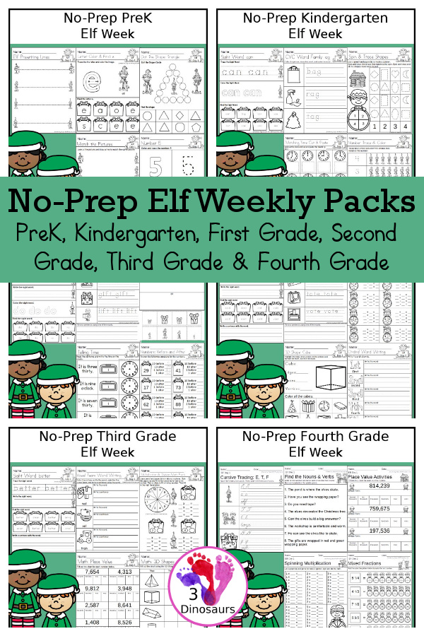 No-Prep Elf Weekly Packs PreK, Kindergarten, First Grade, Second Grade, Third Grade & Fourth Grade with 5 days of activities to do for each grade level With loads of different Christmas elf themes - You will find a mix of math, language, and more - These are easy to use packs for winter learning, and morning work. Easy no-prep printables for kids with four pages for each day - 3Dinosaurs.com