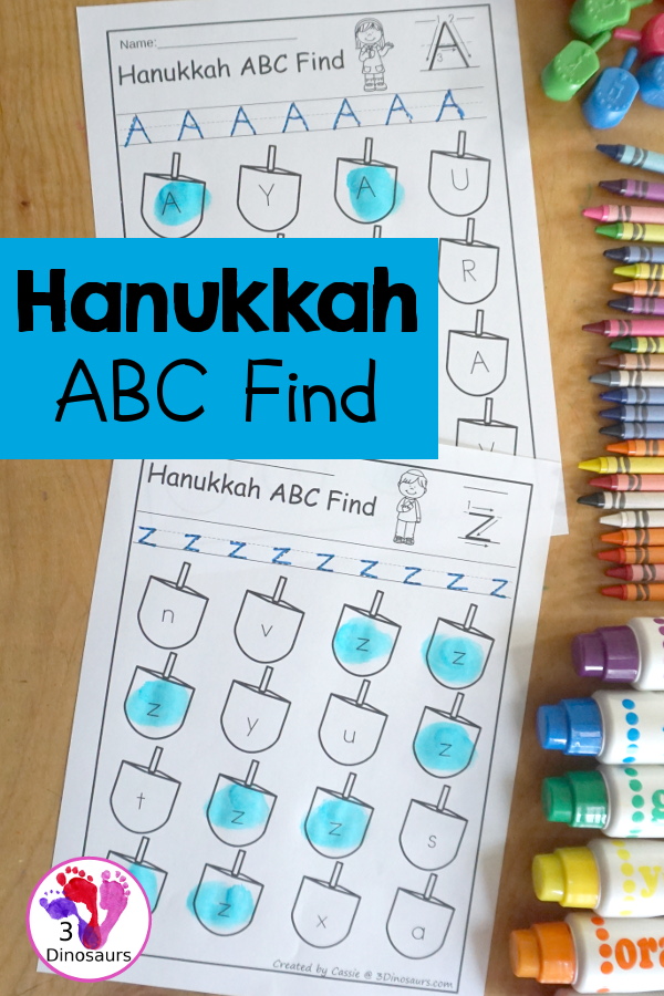 Hanukkah ABC Letter Find Printable - with uppercase letter find and lowercase letter find. You trace the letters and find the letters on the dreidels. A great letter printable for prek and kindergarten - 3Dinosaurs.com