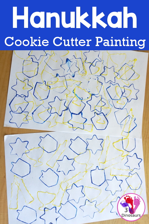  Hanukkah Stamping Painting with Cookie Cutters is a great Hanukkah craft you can do with different ages. And a fun mix of Hanukkah themes you can find in the cookie cutters.