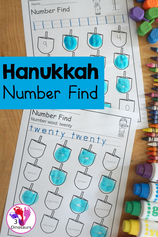 Hanukkah Number Find - Numbers 0 to 20 with tracing and finding numbers on dreidels. You have number words and numerical numbers for kids to use in the set. - 3Dinosaurs.com