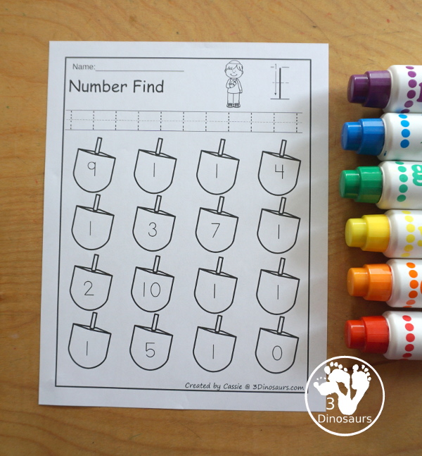 Hanukkah Number Find - Numbers 0 to 20 with tracing and finding numbers on dreidels. You have number words and numerical numbers for kids to use in the set. - 3Dinosaurs.com