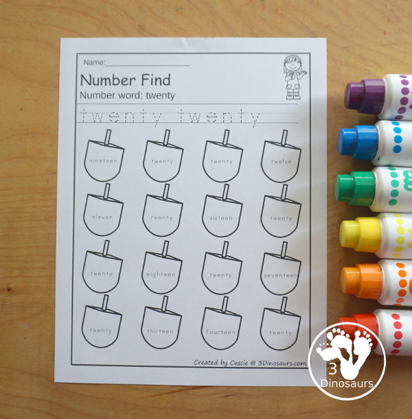 Hanukkah Number Find - Numbers 0 to 20 with tracing and finding numbers on dreidels. You have number words and numerical numbers for kids to use in the set. - 3Dinosaurs.com