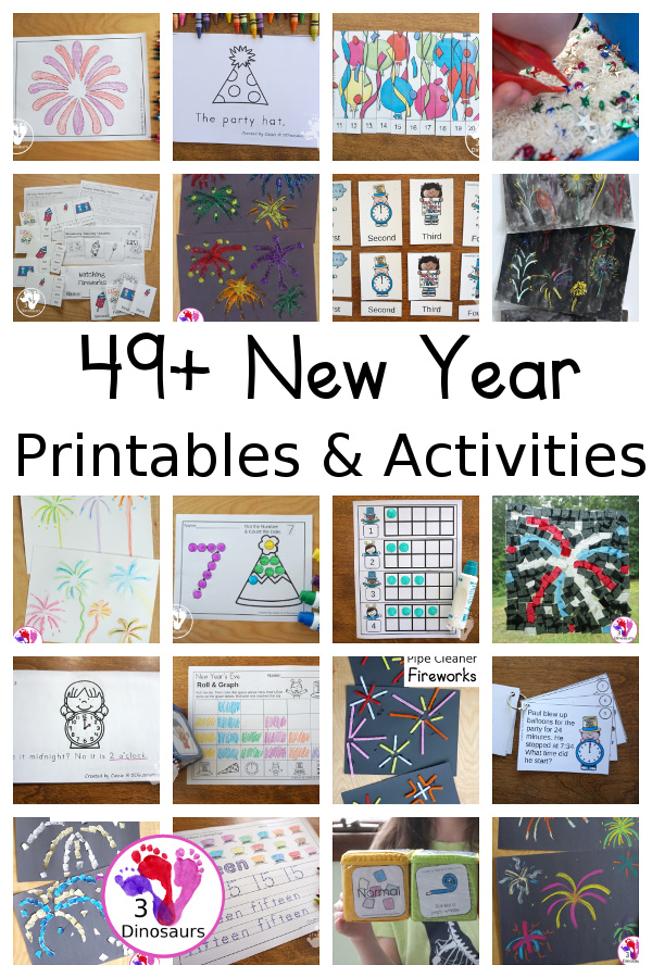 39+ New Years Printables & Activities - new years printable packs, new years ABCs, new years numbers, new years easy reader books, new years crafts, and more - 3Dinosaurs.com #printablesforkids  #newyearsprintables 