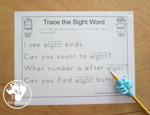 Free Romping & Roaring Third Grade Sight Words Packs Set 3:  Drink, Eight, Fall, Far - 6 pages of activities for each third Grade sight words: drink, eight, fall, and far. These are great for easy to use learning centers - 3Dinosaurs.com