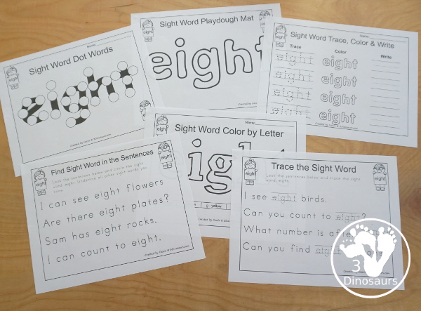 Free Romping & Roaring Third Grade Sight Words Packs Set 3:  Drink, Eight, Fall, Far - 6 pages of activities for each third Grade sight words: drink, eight, fall, and far. These are great for easy to use learning centers - 3Dinosaurs.com