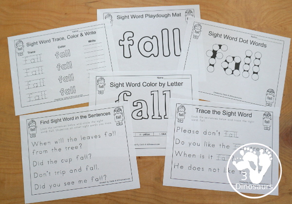 Free Romping & Roaring Third Grade Sight Words Packs Set 3:  Drink, Eight, Fall, Far - 6 pages of activities for each third Grade sight words: drink, eight, fall, and far. These are great for easy to use learning centers - 3Dinosaurs.com