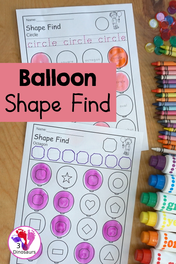 Balloon Shape Find Printable - with 11 shapes for kids to work on with tracing the shape and finding the shape. They come in shape word and geometric shape for kids in prek and kindergarten - 3Dinosaurs.com