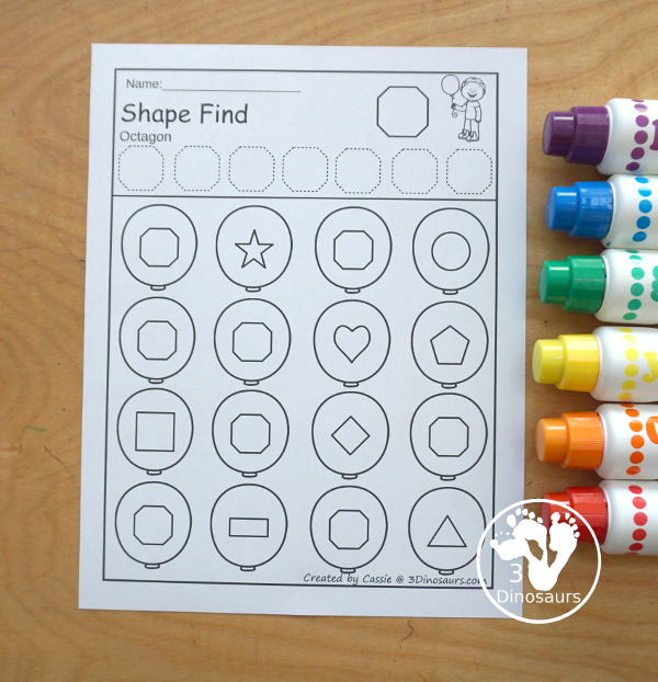 Balloon Shape Find Printable - with 11 shapes for kids to work on with tracing the shape and finding the shape. They come in shape word and geometric shape for kids in prek and kindergarten - 3Dinosaurs.com