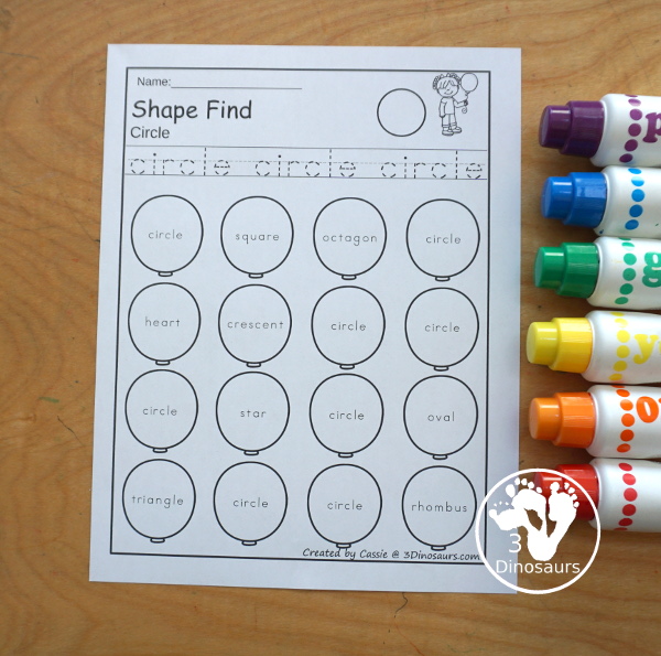 Balloon Shape Find Printable - with 11 shapes for kids to work on with tracing the shape and finding the shape. They come in shape word and geometric shape for kids in prek and kindergarten - 3Dinosaurs.com