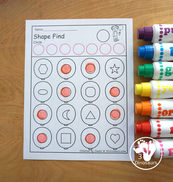 Balloon Shape Find Printable - with 11 shapes for kids to work on with tracing the shape and finding the shape. They come in shape word and geometric shape for kids in prek and kindergarten - 3Dinosaurs.com