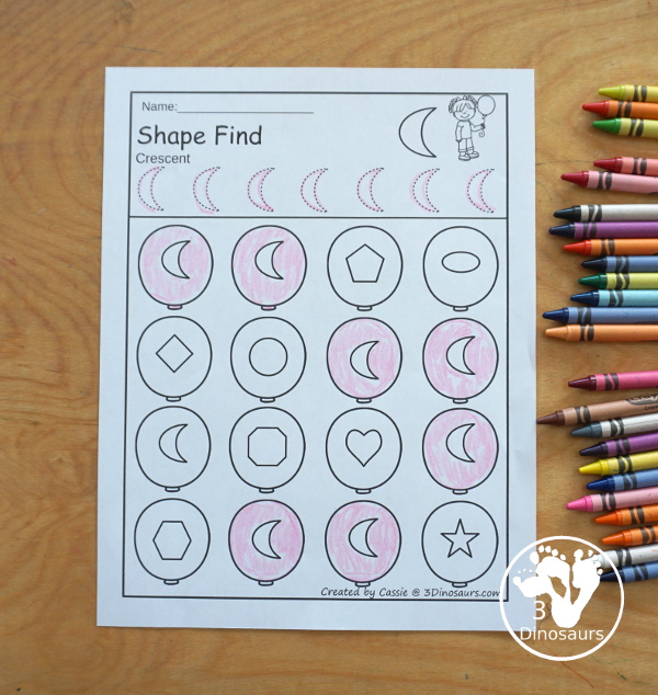 Balloon Shape Find Printable - with 11 shapes for kids to work on with tracing the shape and finding the shape. They come in shape word and geometric shape for kids in prek and kindergarten - 3Dinosaurs.com