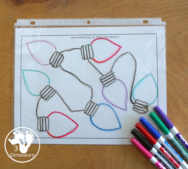 Free Christmas Lights Fine Motor Mats - you have 6 fine motor mats for kids to use. You have two Christmas lights templates, two Christmas lights fine motor templates, a Christmas dot marker template, and a Christmas light q-tip printable. Each works great for fine motor centers for tot, preschool, prek, and kindergarten. - 3Dinosaurs.com