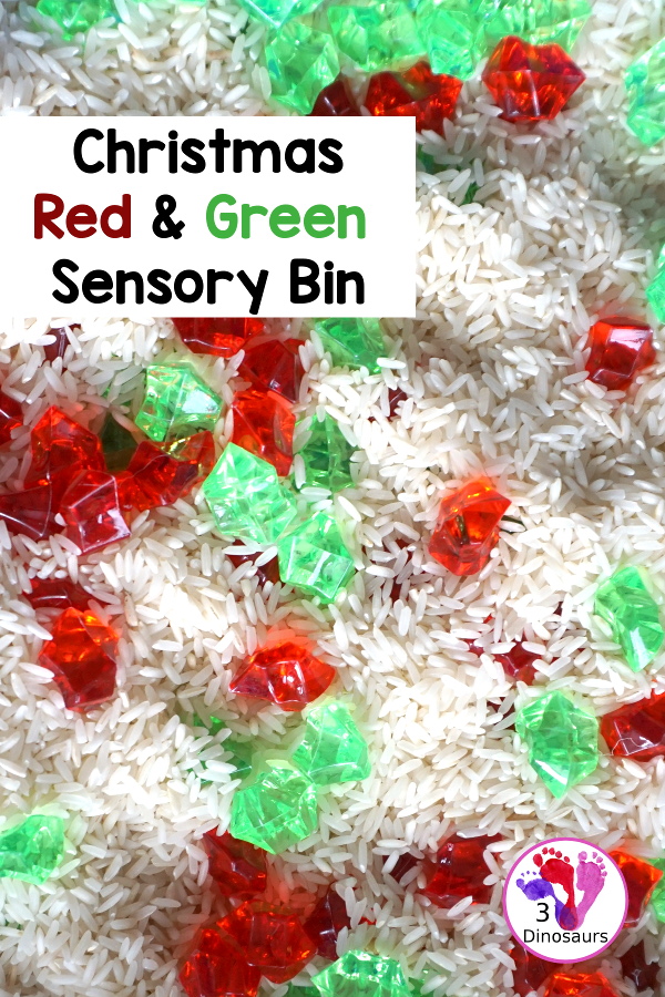 Christmas Red & Green Sensory Bin with red rocks and green rocks with a rice filler in a small bin that you can use for small sensory bin exploring with kids in preschool, preK and kindergarten. - 3Dinosaurs.com