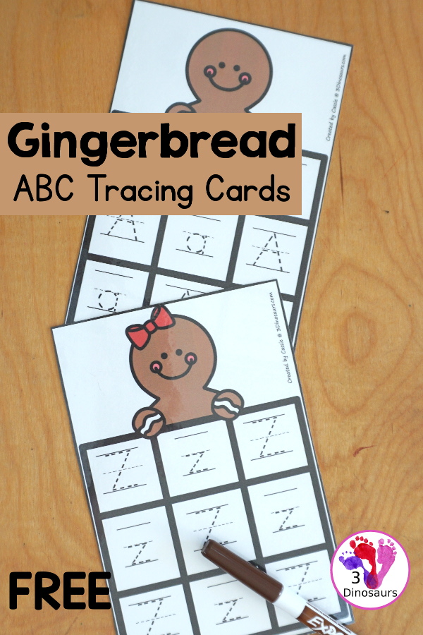 Free Gingerbread ABC Tracing Cards with a 3 by 3 tracing rows of uppercase and lowercase letters. A fun way to change up handwriting for kids. - 3Dinosaurs.com