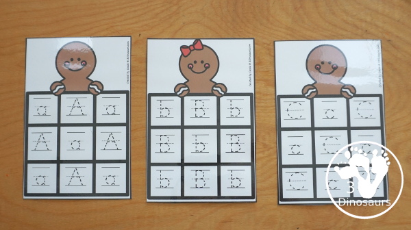 Free Gingerbread ABC Tracing Cards with a 3 by 3 tracing rows of uppercase and lowercase letters. A fun way to change up handwriting for kids. - 3Dinosaurs.com