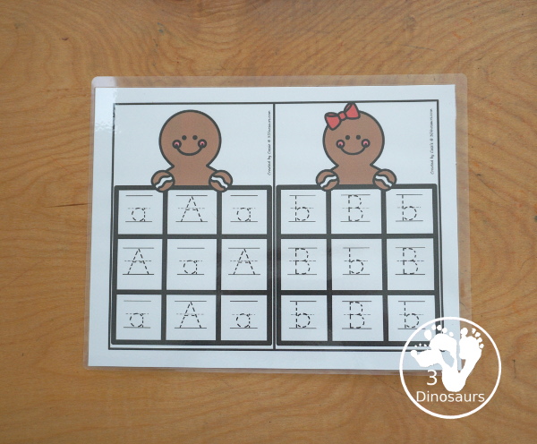 Free Gingerbread ABC Tracing Cards with a 3 by 3 tracing rows of uppercase and lowercase letters. A fun way to change up handwriting for kids. - 3Dinosaurs.com