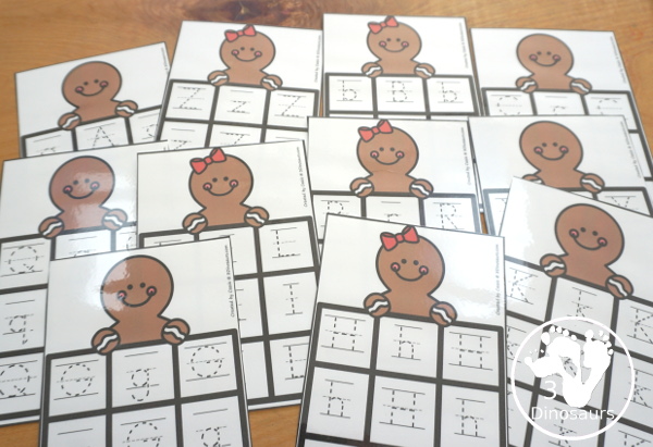 Free Gingerbread ABC Tracing Cards with a 3 by 3 tracing rows of uppercase and lowercase letters. A fun way to change up handwriting for kids. - 3Dinosaurs.com