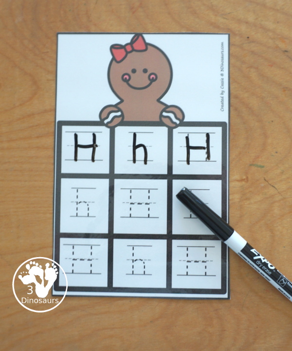 Free Gingerbread ABC Tracing Cards with a 3 by 3 tracing rows of uppercase and lowercase letters. A fun way to change up handwriting for kids. - 3Dinosaurs.com