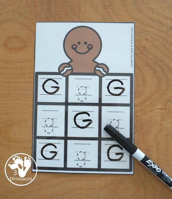 Free Gingerbread ABC Tracing Cards with a 3 by 3 tracing rows of uppercase and lowercase letters. A fun way to change up handwriting for kids. - 3Dinosaurs.com