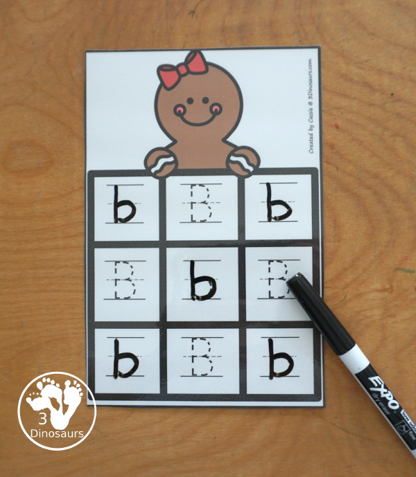 Free Gingerbread ABC Tracing Cards with a 3 by 3 tracing rows of uppercase and lowercase letters. A fun way to change up handwriting for kids. - 3Dinosaurs.com