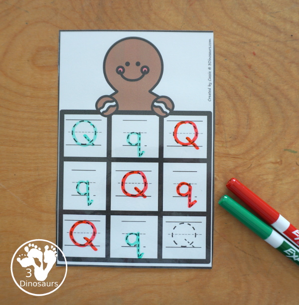 Free Gingerbread ABC Tracing Cards with a 3 by 3 tracing rows of uppercase and lowercase letters. A fun way to change up handwriting for kids. - 3Dinosaurs.com