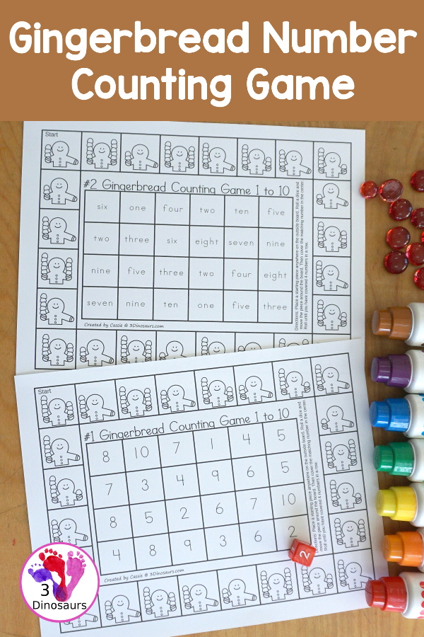 Free Gingerbread Counting Game Board Printable - two fun counting games with numerical numbers and number word for the center and it is a fun way to work on counting and find the numbers. And kids work on finding four in a row. - 3Dinosaurs.com