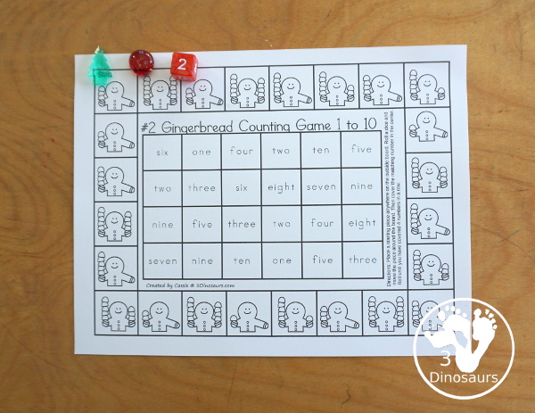 Free Gingerbread Counting Game Numbers 1 to 10 Printables - You have two printable games with gingerbread and gumdrop for kids to count the gumdrops and find the matching number in the game to get four in a row.- 3Dinosaurs.com