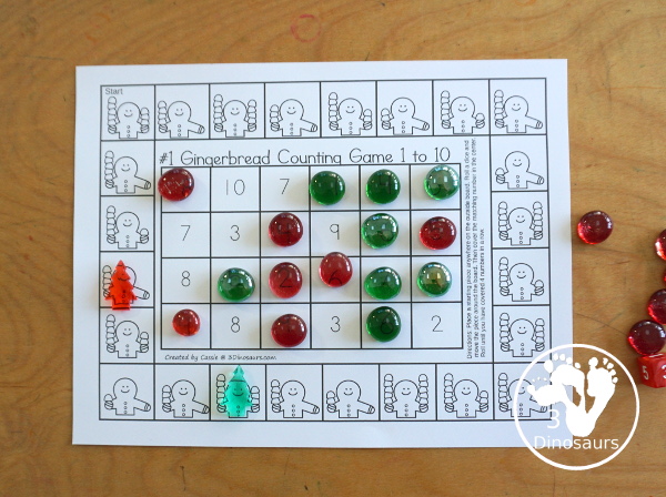 Free Gingerbread Counting Game Numbers 1 to 10 Printables - You have two printable games with gingerbread and gumdrop for kids to count the gumdrops and find the matching number in the game to get four in a row.- 3Dinosaurs.com