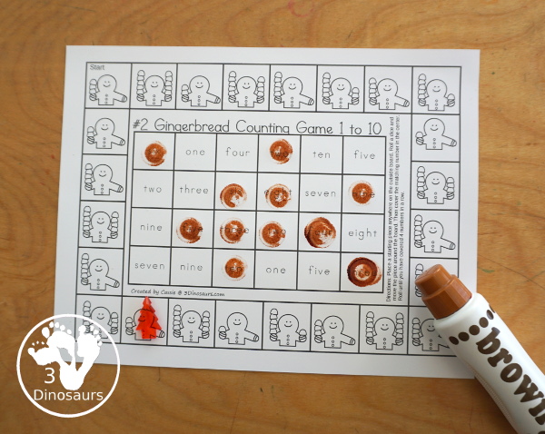 Free Gingerbread Counting Game Numbers 1 to 10 Printables - You have two printable games with gingerbread and gumdrop for kids to count the gumdrops and find the matching number in the game to get four in a row.- 3Dinosaurs.com